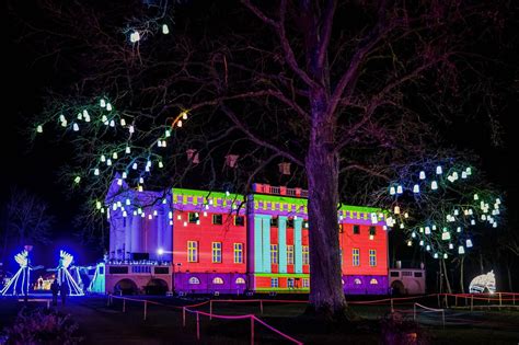 Šviesų festivalio Pakruojo dvare panorama su milžiniškomis šviečiančiomis skulptūromis