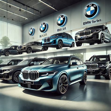 BMW modelių asortimentas (nuotrauka iš salono su įvairiais BMW modeliais)