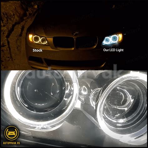 BMW E90 su įdiegtais LED angel eyes markeriais prieš ir po