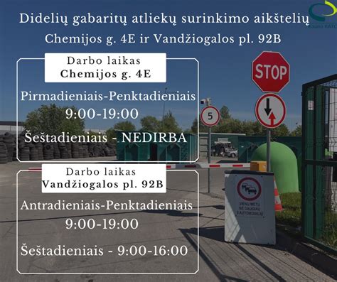 Infografika su aikštelės darbo laiku ir priimamų atliekų sąrašu