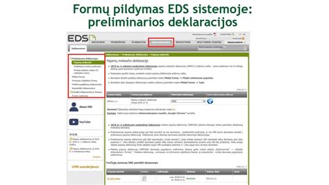 Ekrano nuotrauka, iliustruojanti VMI EDS sistemos sąsają