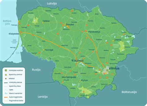 Lietuvos žemėlapis su motociklo priekabos nuomos punktų žymėmis