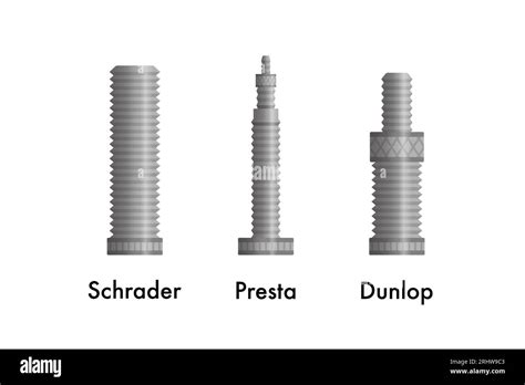 Diferentų Presta, Schrader ir Dunlop ventilių iliustracija su matmenimis