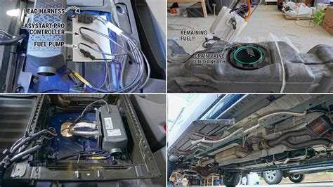 A technician performing installation of a Webasto heater in a Ford Galaxy, focusing on wiring and component placement.