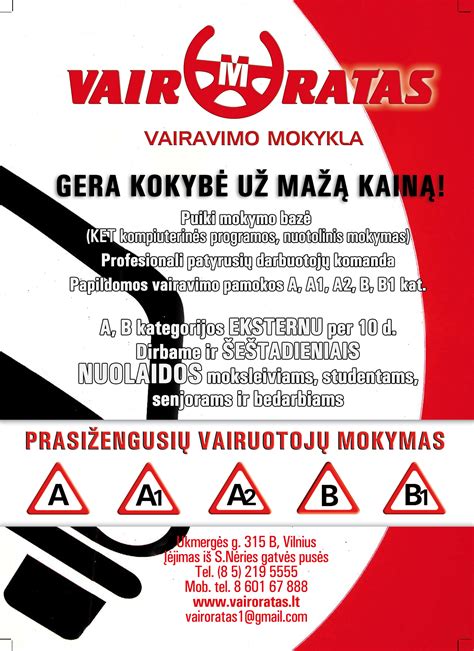 Vairavimo mokyklos „Vairo ratas“ informacinis stendas su informacija apie kategorijas ir mokymo automobilius