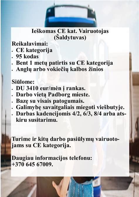 Infografika: Pagrindiniai reikalavimai tolimųjų reisų vairuotojui (CE kategorija, 95 kodas, vokiečių kalbos įgūdžiai)
