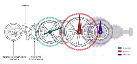 Infografika: detali mechaninio laikrodžio mechanizmo schema su pagrindinėmis dalimis