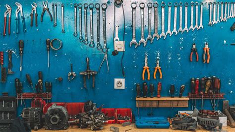 Tools and equipment laid out for car repair