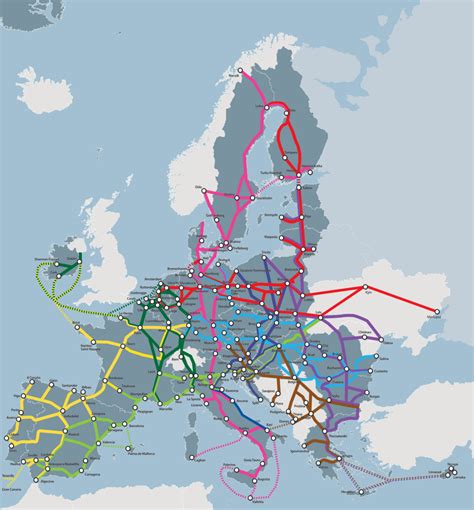 Europos žemėlapis, rodantis transporto maršrutus