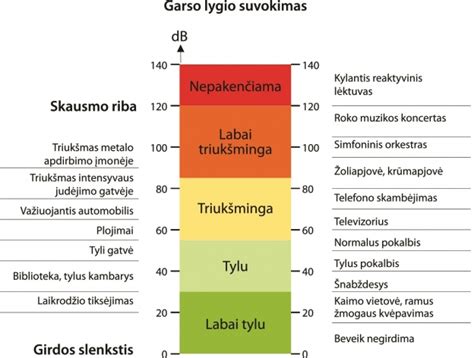 Triukšmo lygio matavimo grafikas arba piktogramos, rodančios leistinus garso lygius skirtingu paros metu