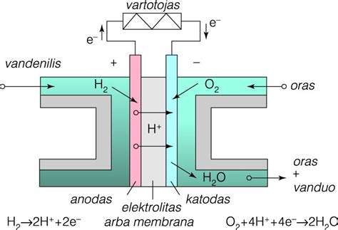 Schema, iliustruojanti vandenilio kuro elemento veikimo principą: vandenilis ir deguonis jungiasi kuro elemente, gamindami elektrą, vandenį ir šilumą.
