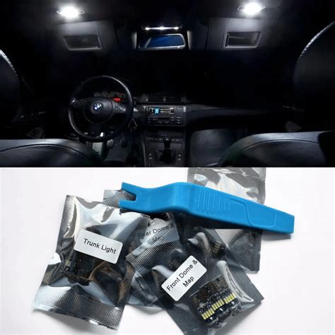 Infografika: BMW E46 salono vietų žemėlapis, kuriose montuojamos LED lemputės (skaitymo lemputės, kojų erdvės apšvietimas, bagažinė).