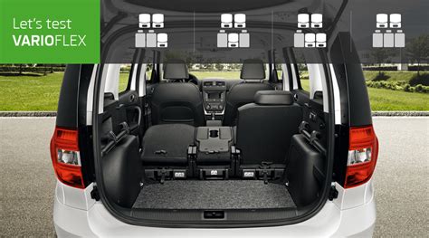 Skoda Yeti VarioFlex interjero schemos ar nuotraukos, iliustruojančios sėdynių konfigūravimo galimybes