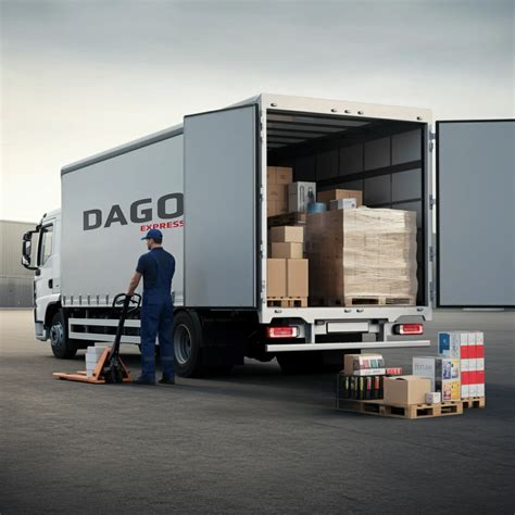 Teminė DAGO Express kurjerio su pristatymo automobiliu iliustracija