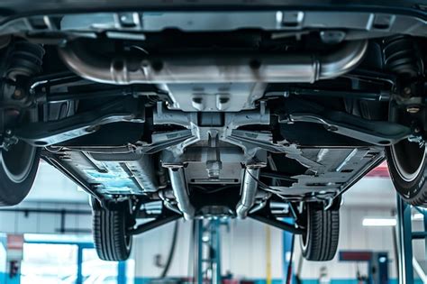 Thematic photo of a car being serviced in a garage, possibly focusing on the undercarriage or exhaust system.