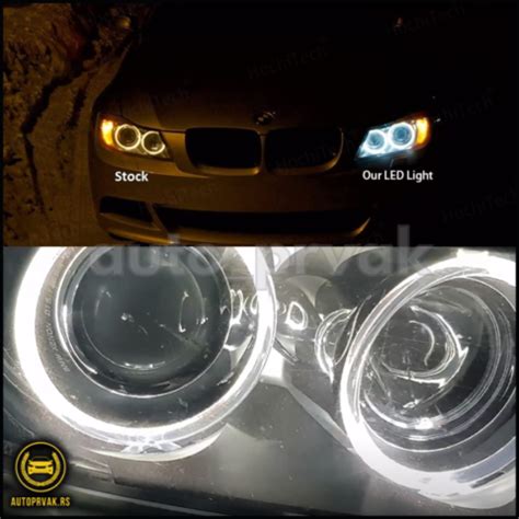Ilustracija, demonstruojanti BMW Angel Eyes žiedų raidą nuo šviesolaidžių iki LED technologijos.