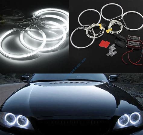 Nuotraukų galerija, demonstruojanti skirtingų tipų Angel Eyes žiedus (CCFL, 66 LED, 120 LED) ant įvairių BMW modelių.