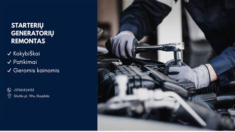 Nuotrauka, vaizduojanti serviso patalpas ar dirbtuves, kur atliekamas starterių ir generatorių remontas