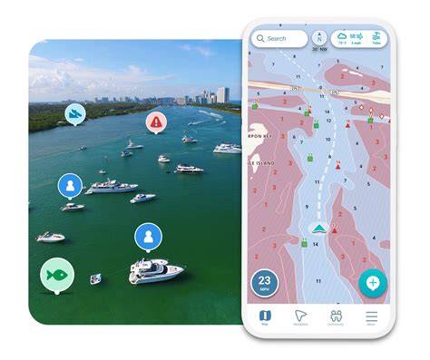 ekrano nuotrauka, vaizduojanti „Wavve Boating“ programėlės žemėlapį su pritaikytais maršrutais ir gyliais