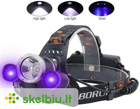 Įvairių tipų prožektorių iliustracija (rankinis, ant galvos, UV, LED)