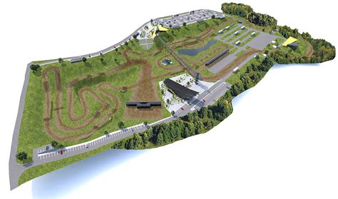 Sema: Motokroso trasos išplanavimo schema su pagrindiniais elementais (tramplynais, posūkiais ir starto zona)