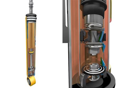 Schema, iliustruojanti dviejų vamzdžių amortizatoriaus sandarą ir alyvos bei oro srautus.