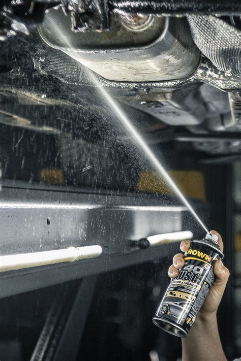 teminė nuotrauka: specialistas purškia antikorozinę dangą ant automobilio dugno