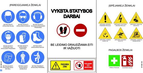 Saugos priemonių, tokių kaip pakeliamieji užtvarai ir informaciniai ženklai, schema