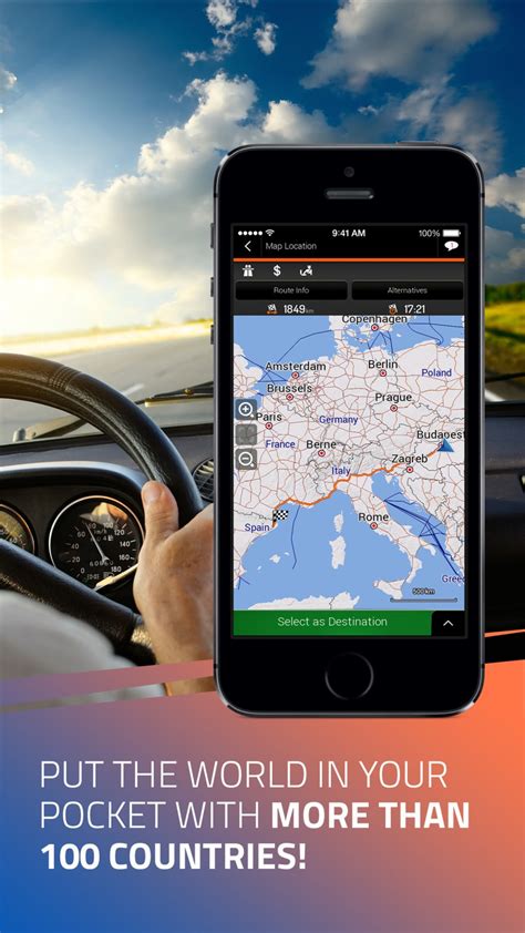 iGO Navigation programėlės ekrano vaizdas, rodantis žemėlapį ir maršrutą