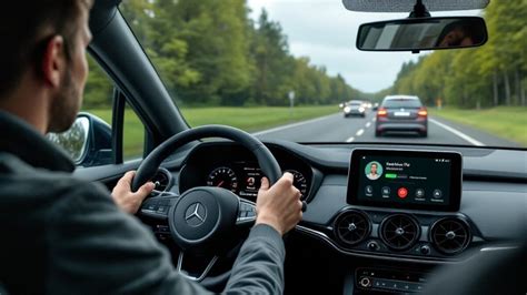 Thematinė nuotrauka: žmogus naudoja telefoną navigacijai automobilyje už miesto ribų