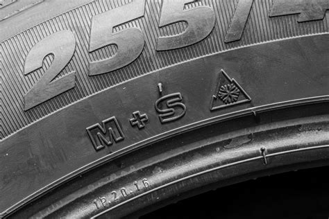Padangų šonų žymėjimų (M+S, 3PMSF) iliustracija