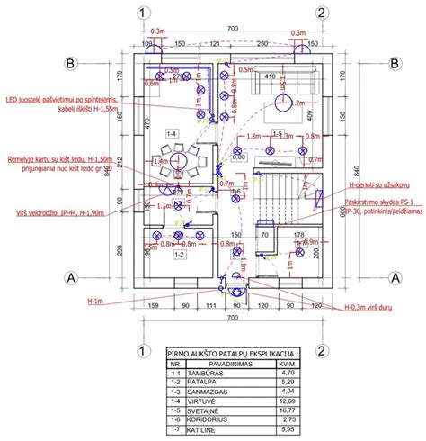 Brėžinys su patalpų planu, kuriame pažymėtos elektros instaliacijos vietos