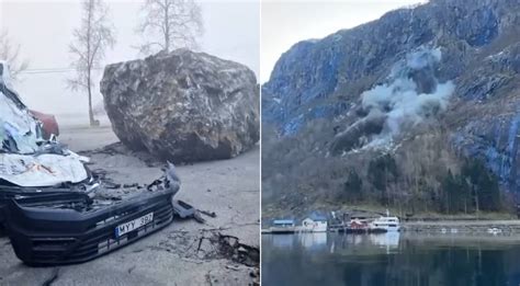 Norvegijoje ant automobilių užvirtę milžiniški akmenys po nuošliaužos