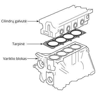 Schematinis variklio galvos tarpinės pažeidimo vaizdavimas