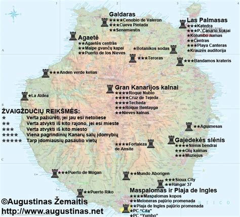 Gran Kanarijos žemėlapis su pažymėtomis pagrindinėmis automobilių nuomos vietomis