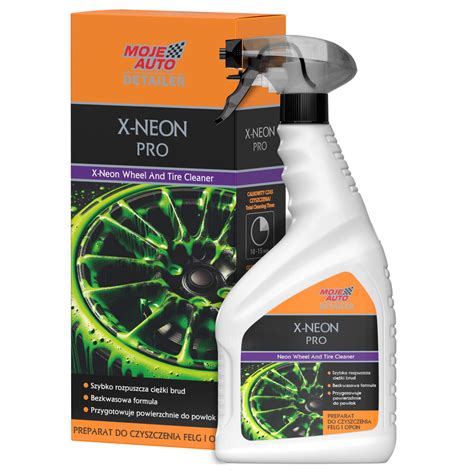 The Moje Auto X-NEON product bottle with a clean wheel in the background
