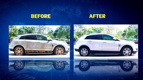 Infographic showing before and after cleaning a car wheel with dirt and then sparkling clean