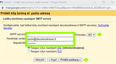 Sąsajos nuotrauka su el. pašto nustatymais serverio valdymo panelėje