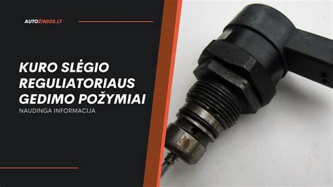 Schematinis kuro slėgio reguliatoriaus pavaizdavimas su vidinėmis dalimis (spyruoklė, membrana) ir kuro linijų prijungimo taškais.