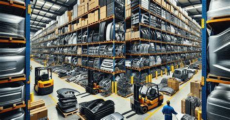 Thematic photo of various car parts in a warehouse