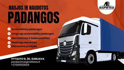 Vaizdinis elementas: UAB „Raifetas“ autoserviso patalpos su sunkvežimių padangų pasirinkimu.