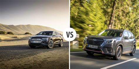 Du automobiliai, „Audi Q8“ ir „Subaru Forester“, pastatyti vienas šalia kito, kad būtų galima palyginti jų dizainą ir dydį.